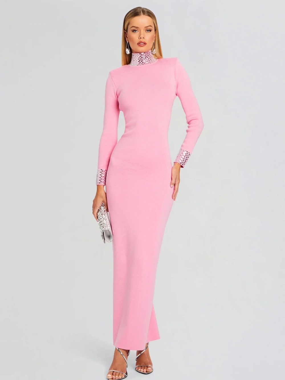 Retrofete Pink Embellished-Collar Long Sleeve Maxi Dress
